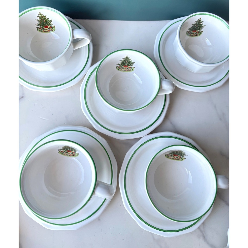 Pfaltzgraff Christmas Heritage Tea Cup and Saucer Set of 5 White Green Rim